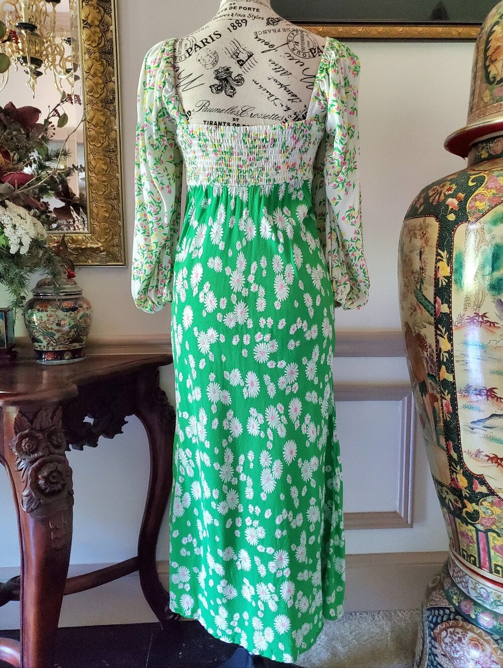 Rixo X Target Daisy Long Sleeve Swing Dress Sz 0 Green Floral Midi - Picture 4 of 10